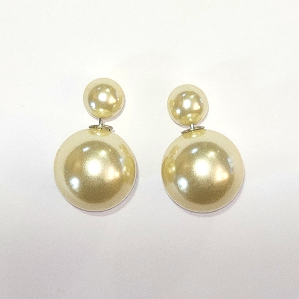 Large Oversized Double Ball Shiny Light Golden Yellow Shell Pearl Stud Earrings